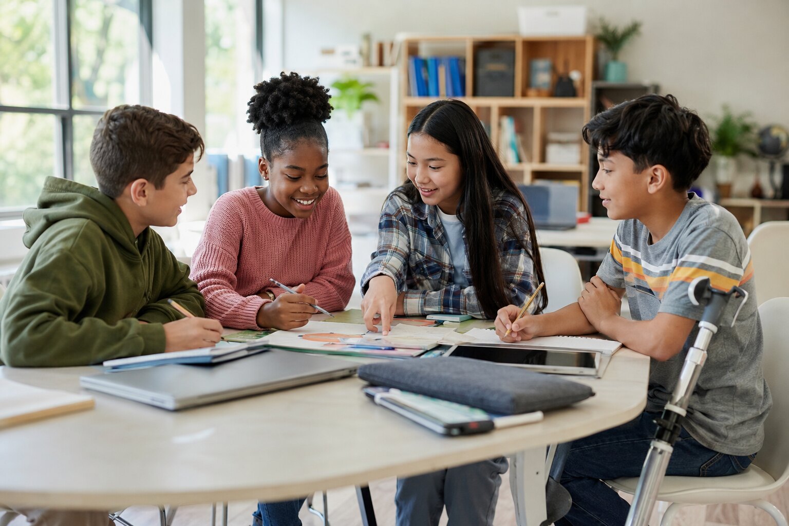 A diverse group of middle-school students collaborating in a classroom, including a student who uses a mobility aid